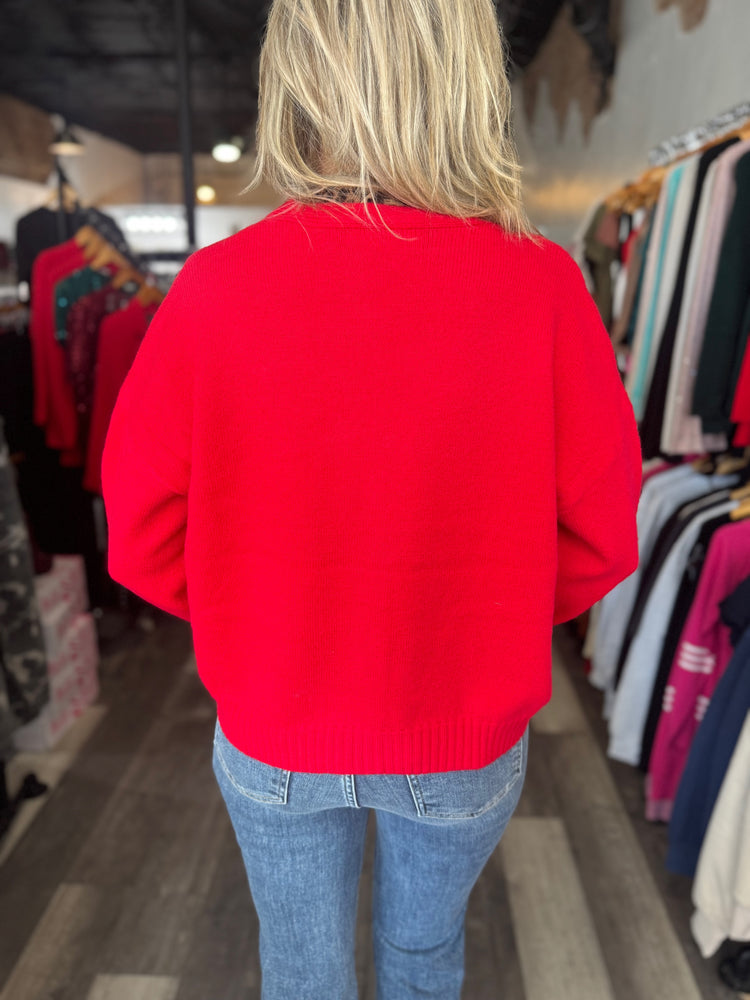 Red V-Neck Jeweled Button Cardigan