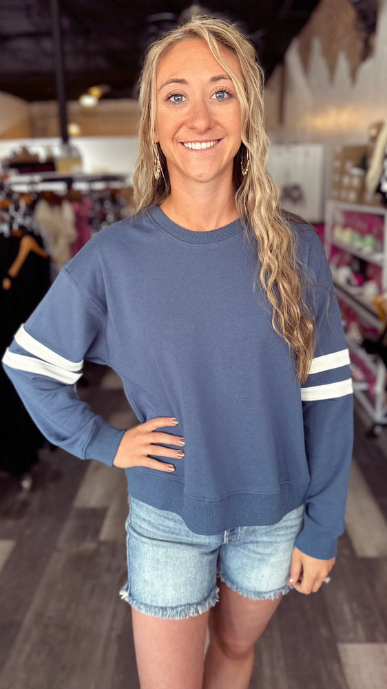 Varsity Stripe Sweatshirt in Heather Navy