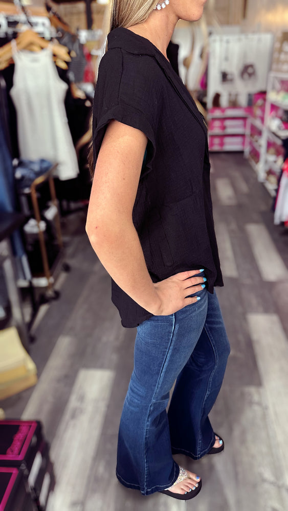 Black Button Up Cotton Short Sleeve Top