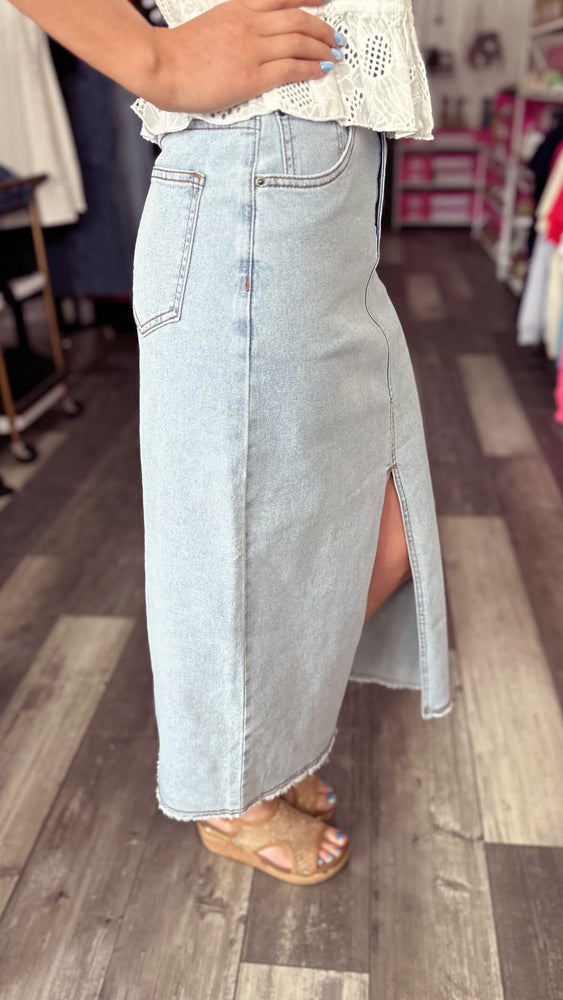 Light Wash Front Slit Jean Skirt