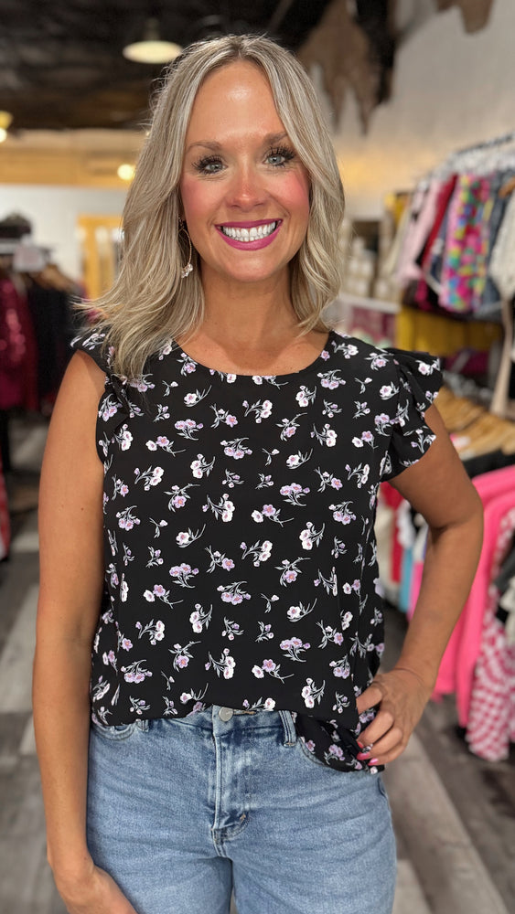 Black Floral Print Ruffle Sleeve Top