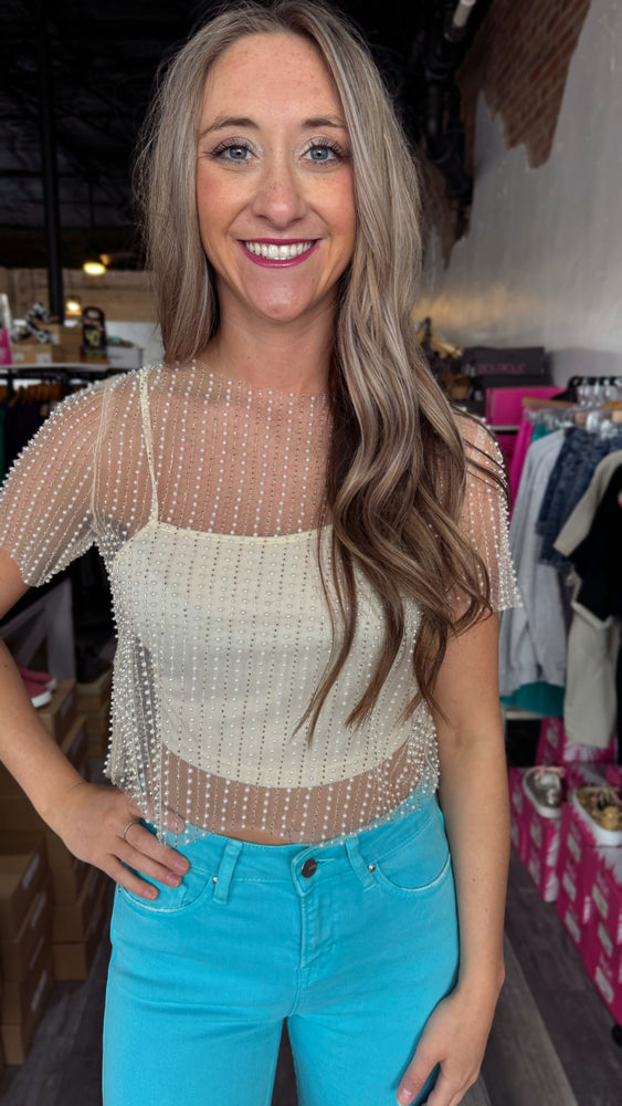 Pearl Mesh Short Sleeve Top