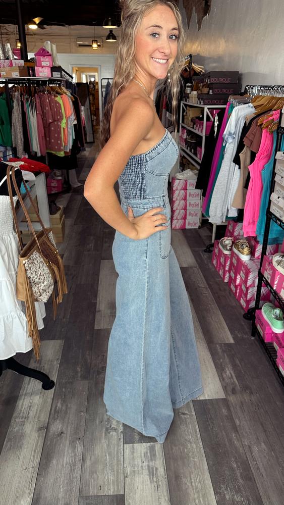 Wide Leg Light Denim Jumpsuit