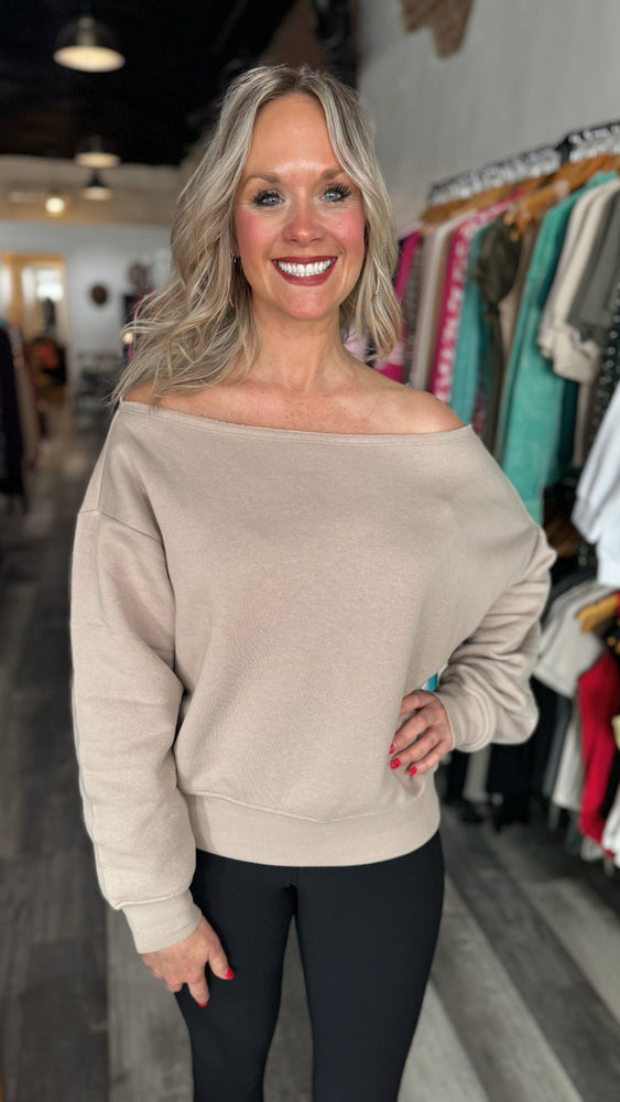 Best Selling French terry Off Shoulder Top in Taupe