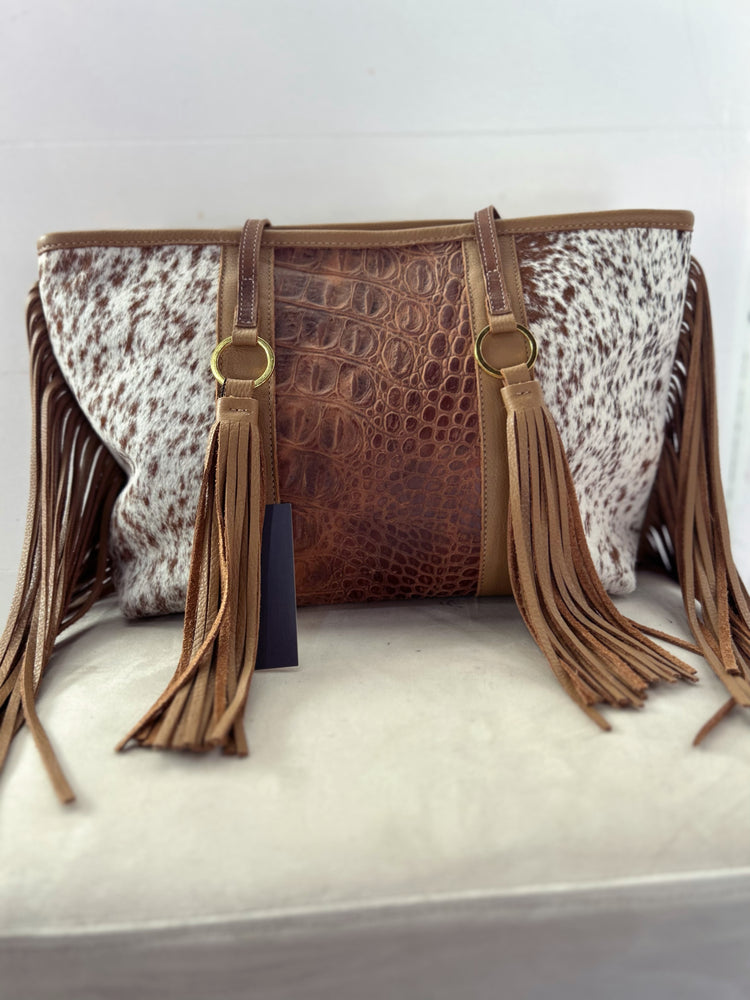 Brown & White Fringe Cowhide Purse