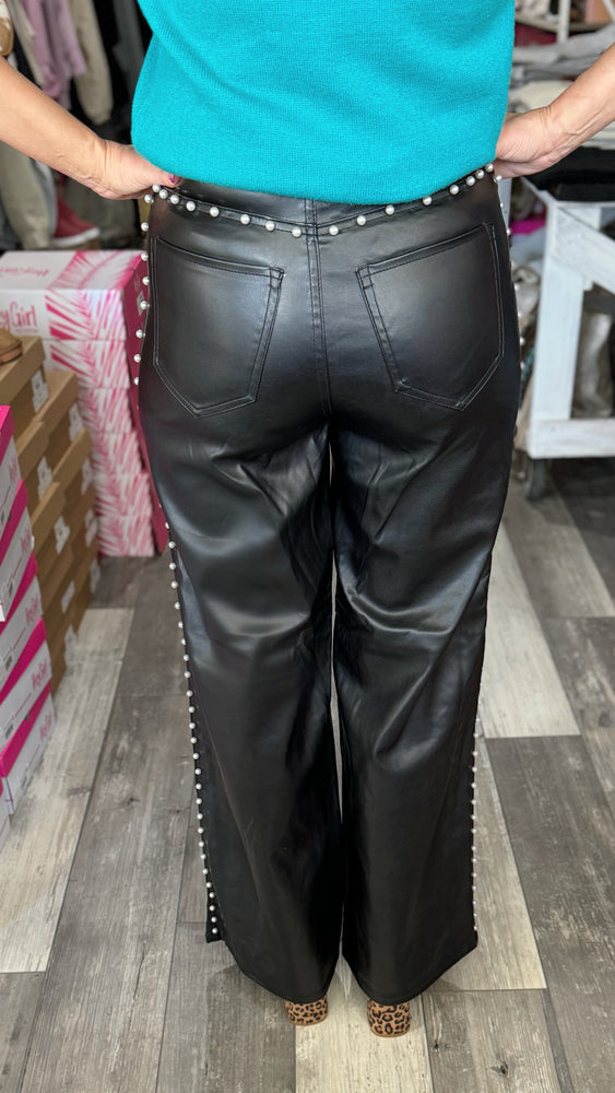 Black Leather Wide Leg Pants w/ Pearls