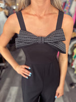 Black Rhinestone Trim Bow Jumpsuit