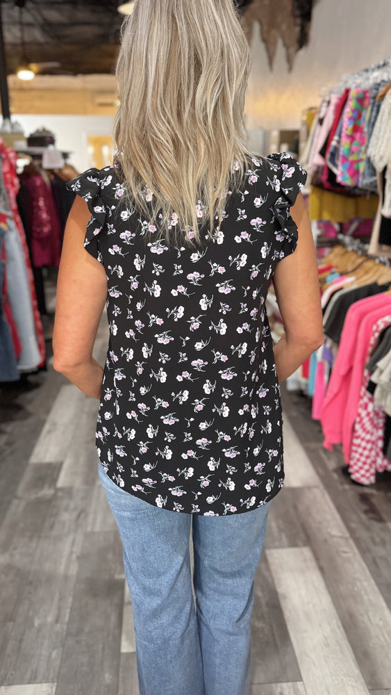 Black Floral Print Ruffle Sleeve Top