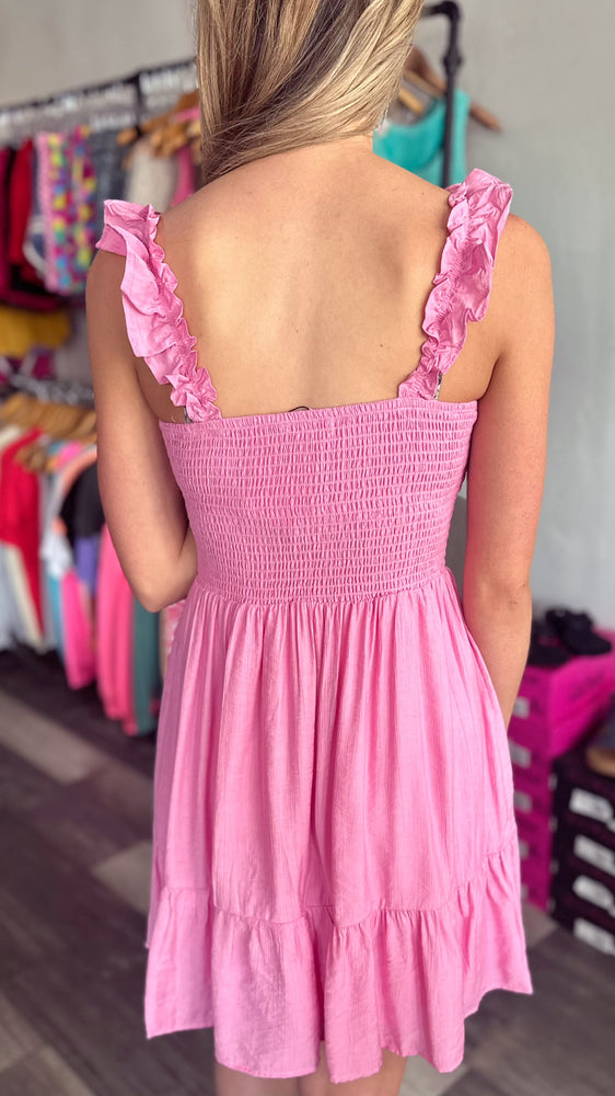 Bubblegum Smocked Ruffle Sleeve Dress