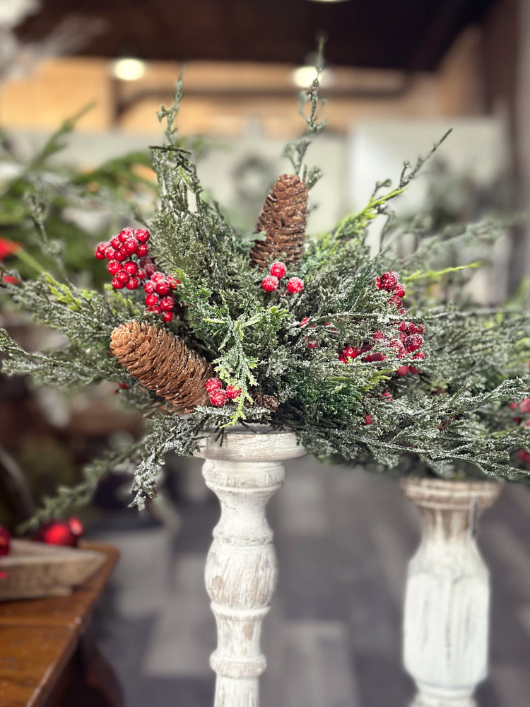 Glittered Cedar Dome with Pine Cone and Red Berries