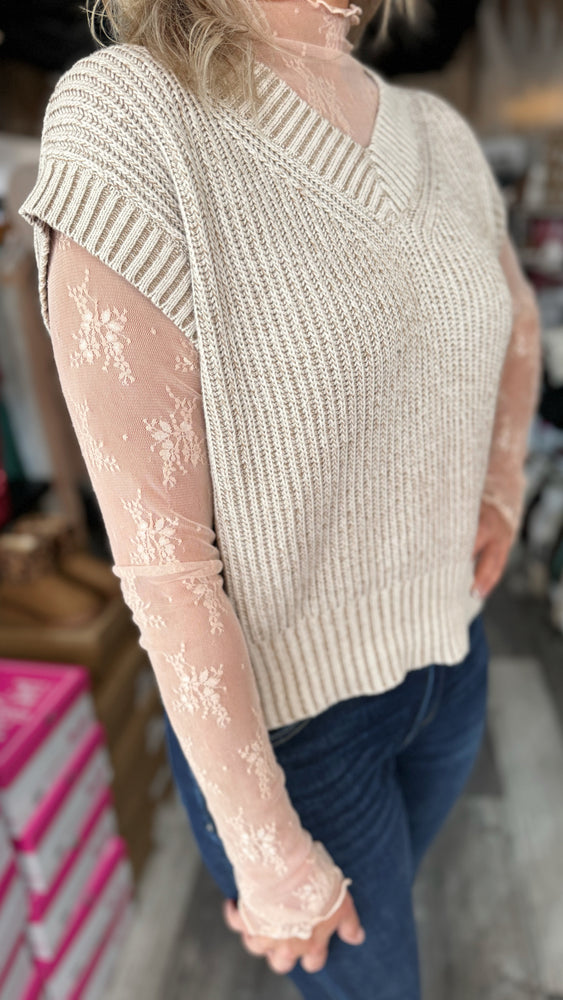Taupe V-Neck Two Toned Knit Sweater Vest