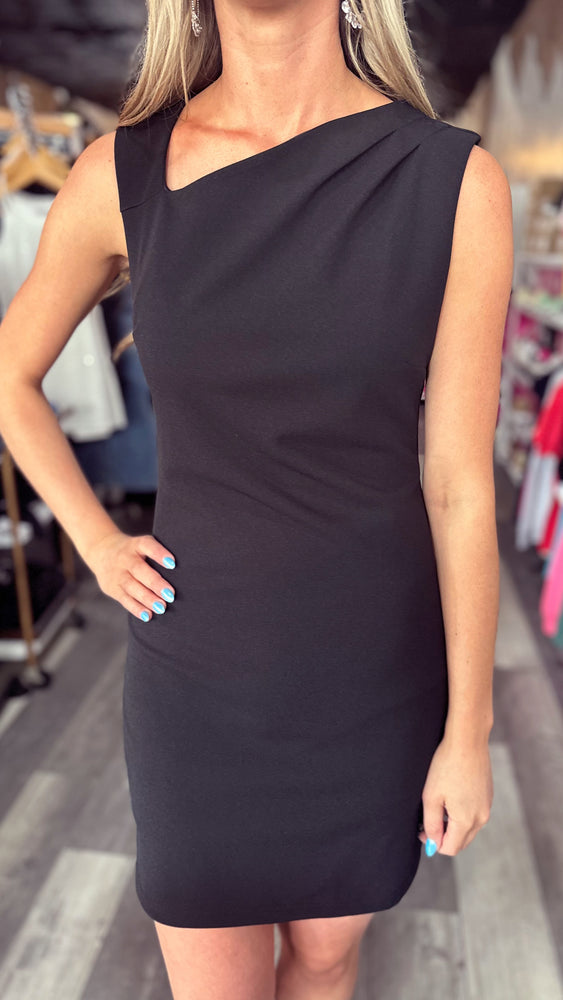 Black Asymmetrical Shoulder Tuck Dress