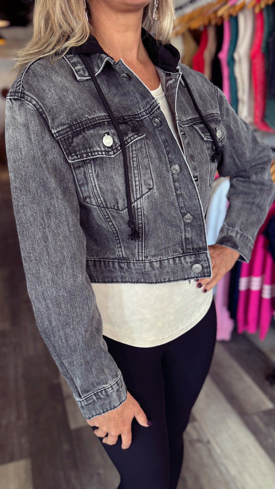 Washed Black Denim Cropped Hooded Jacket