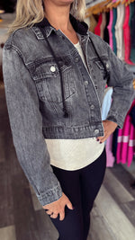Washed Black Denim Cropped Hooded Jacket
