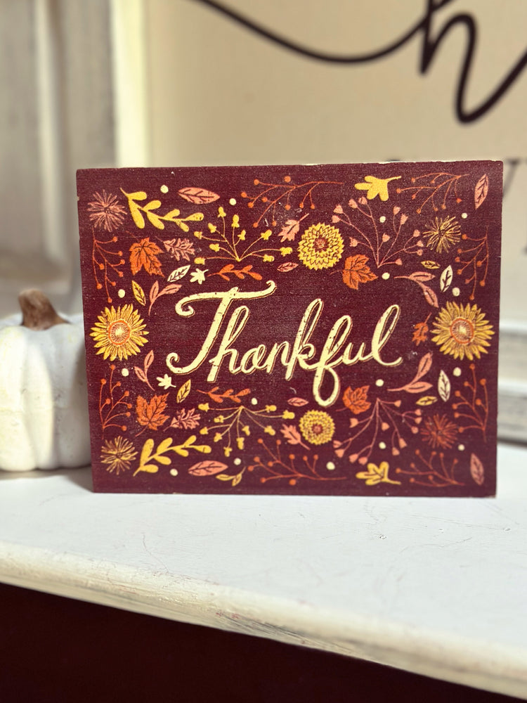 Burgundy Floral Thankful Block Sign