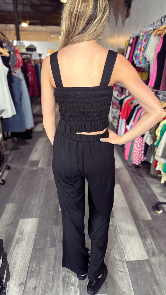 Black Crinkle Knit Top and Pant Set