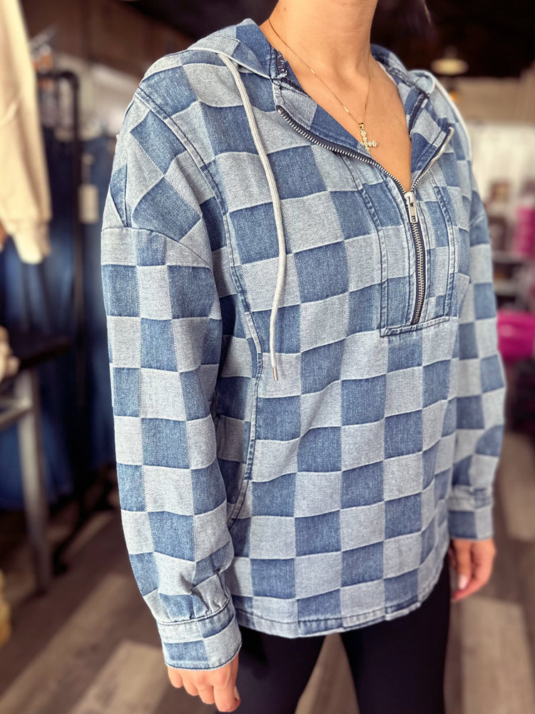 Checkered Denim Hooded Top