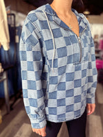 Checkered Denim Hooded Top