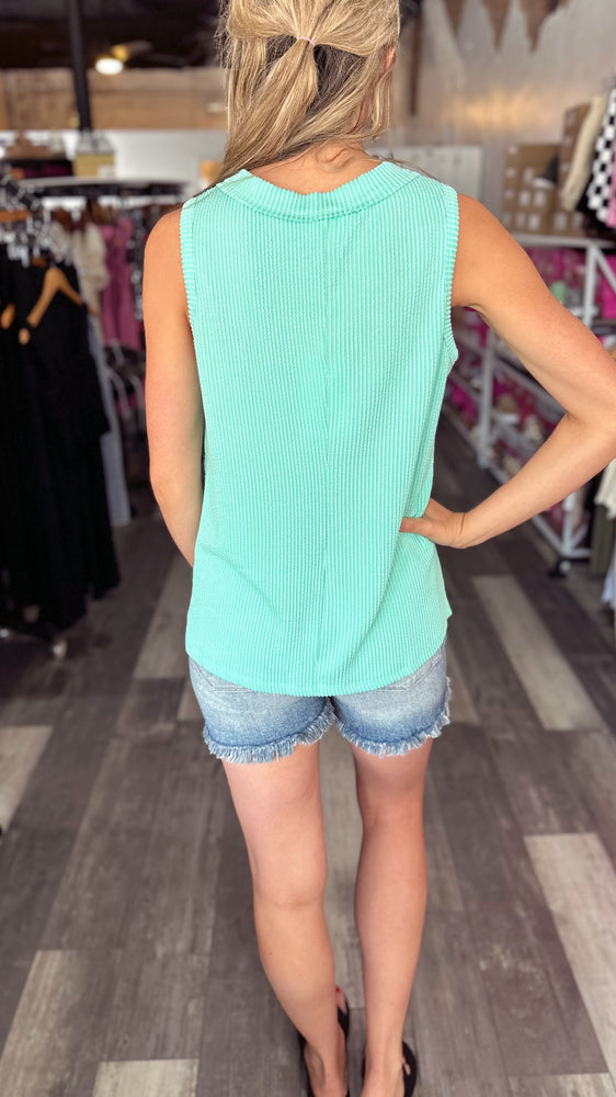 Ribbed V-Neck Tank in Aqua
