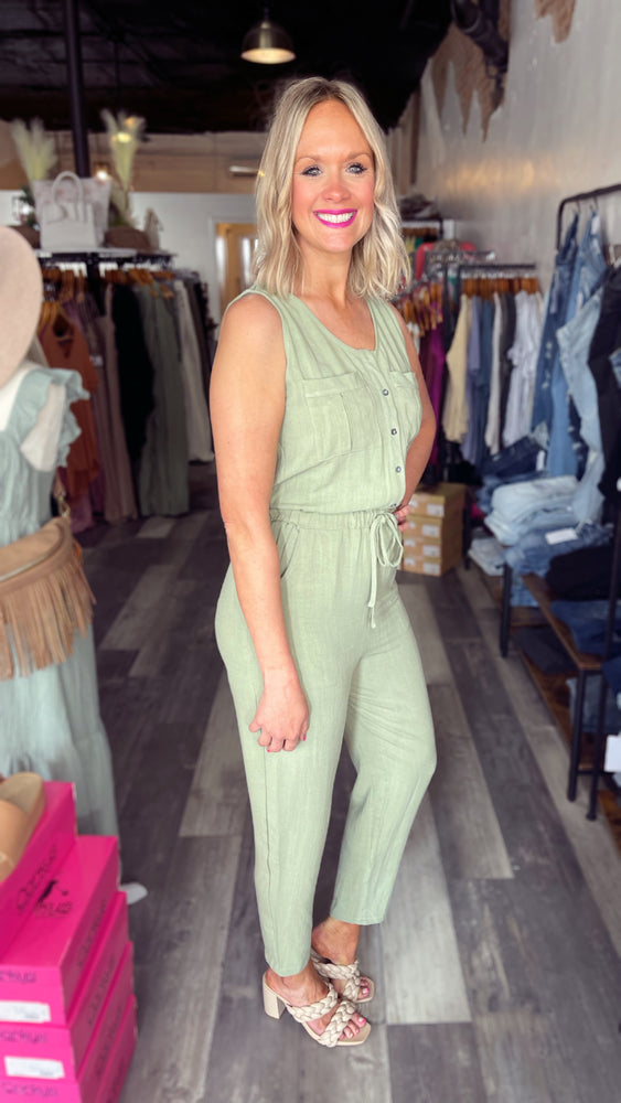 Light Olive Button Up Jumpsuit