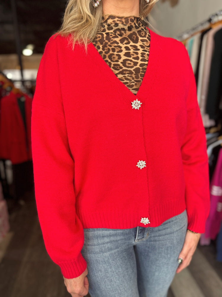 Red V-Neck Jeweled Button Cardigan