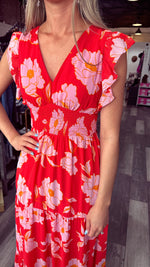 Red Floral Smocked Waist Dress