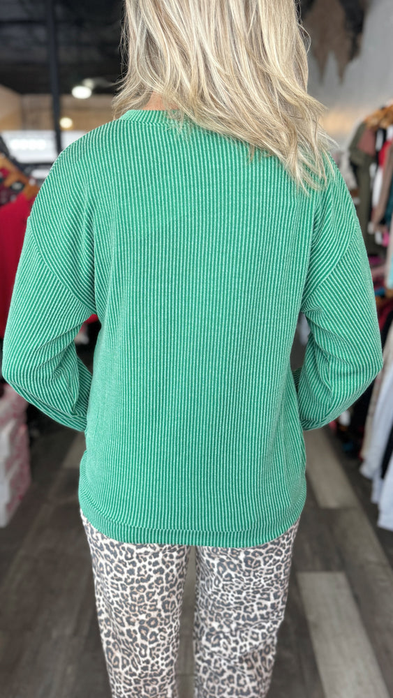 Green Merry Ribbed Long Sleeve Top