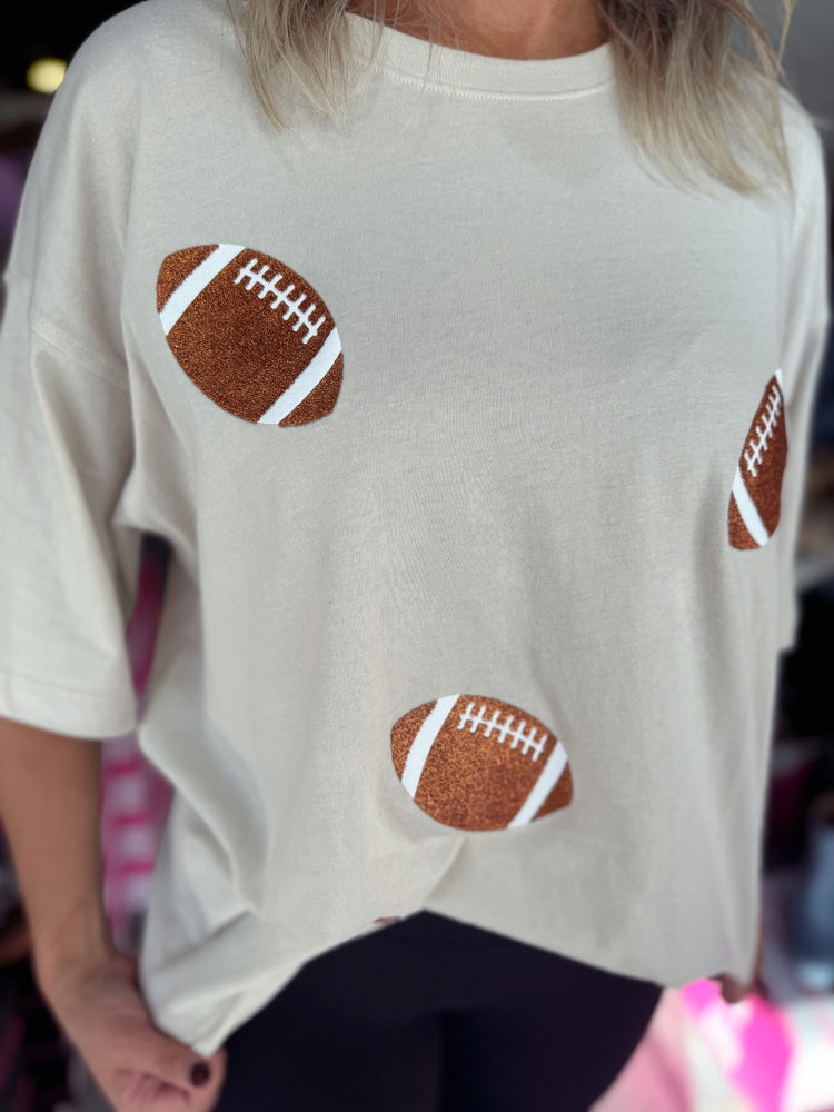 Cream Glitter Football Oversized Tee