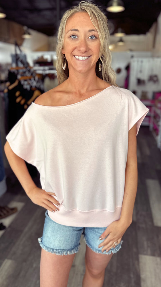 Short Sleeve French Terry Off Shoulder Top in Light Pink