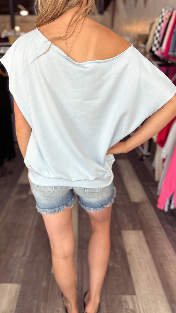 Short Sleeve French Terry Off Shoulder Top in Baby Blue