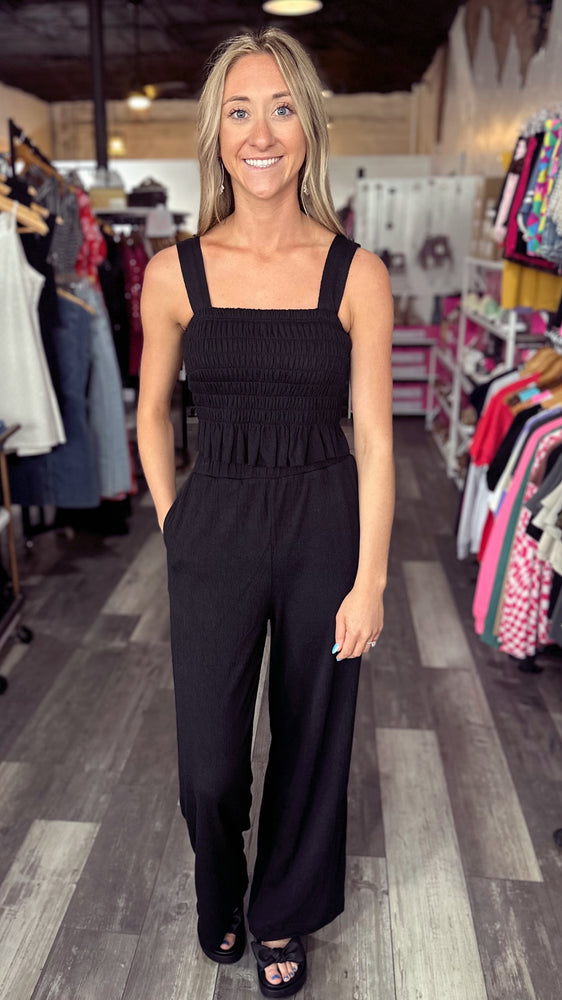 Black Crinkle Knit Top and Pant Set