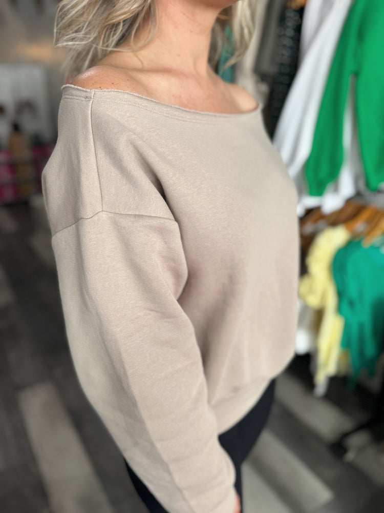 Best Selling French terry Off Shoulder Top in Taupe