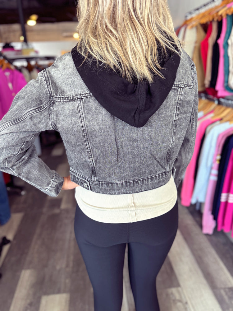 Washed Black Denim Cropped Hooded Jacket