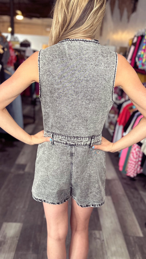 Sleeveless Washed Black Denim Romper
