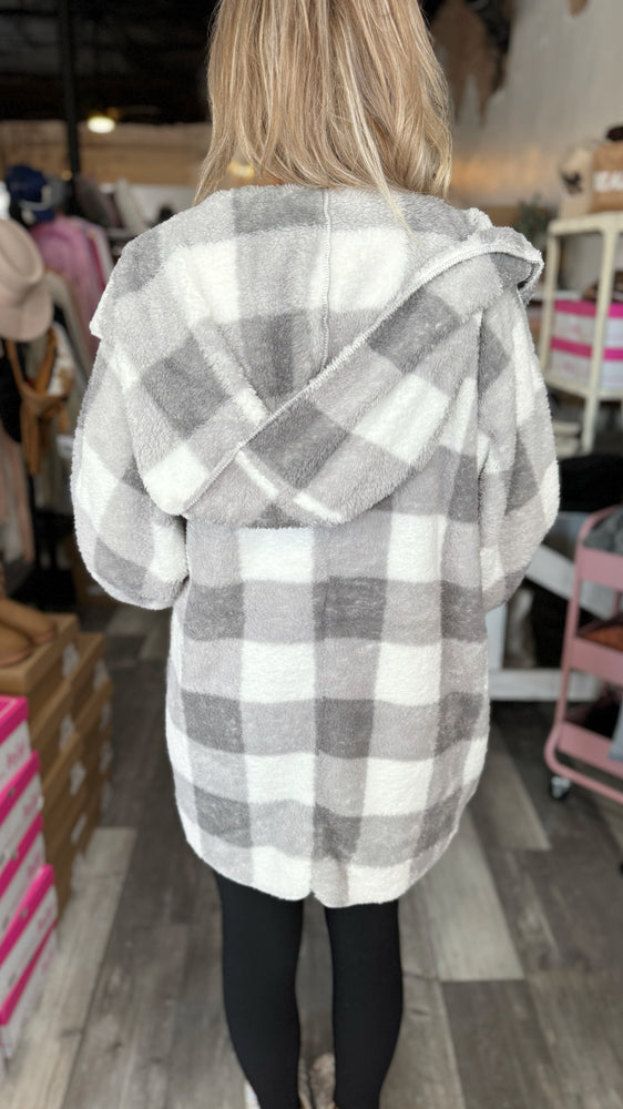 Grey & White Plaid Hooded Cardigan