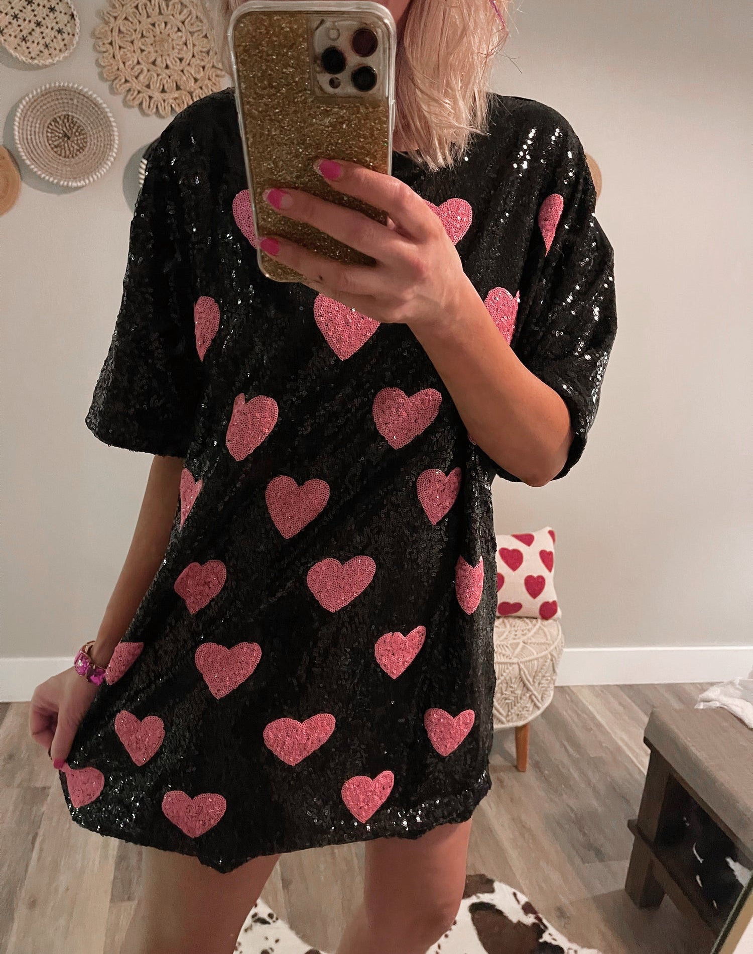 womens black evening dress Sequin Black Pink Heart Dress – The Paisley Prairie Boutique