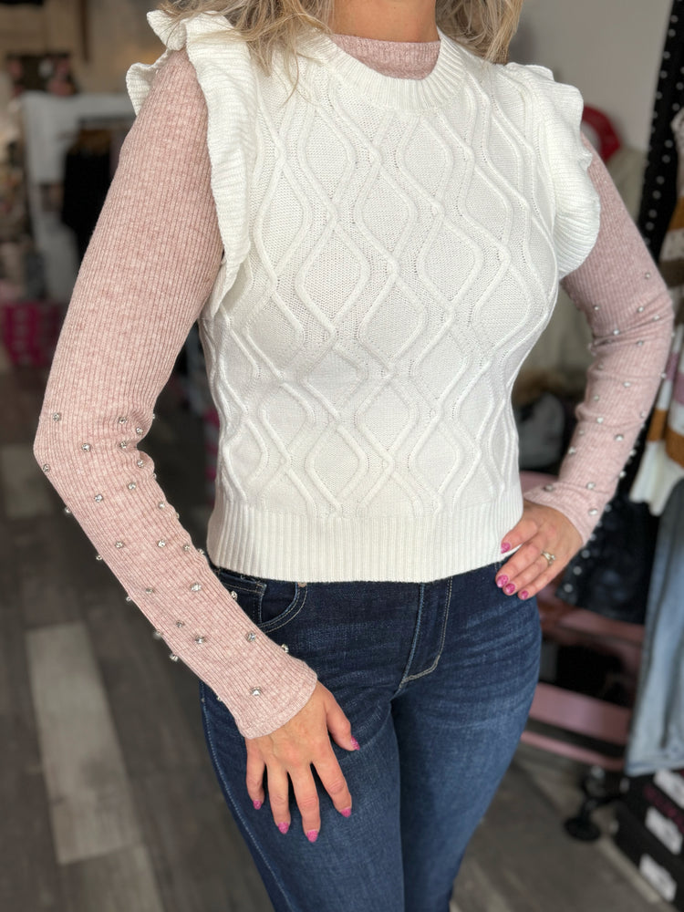 Rib Knit Top With Rhinestone Sleeves