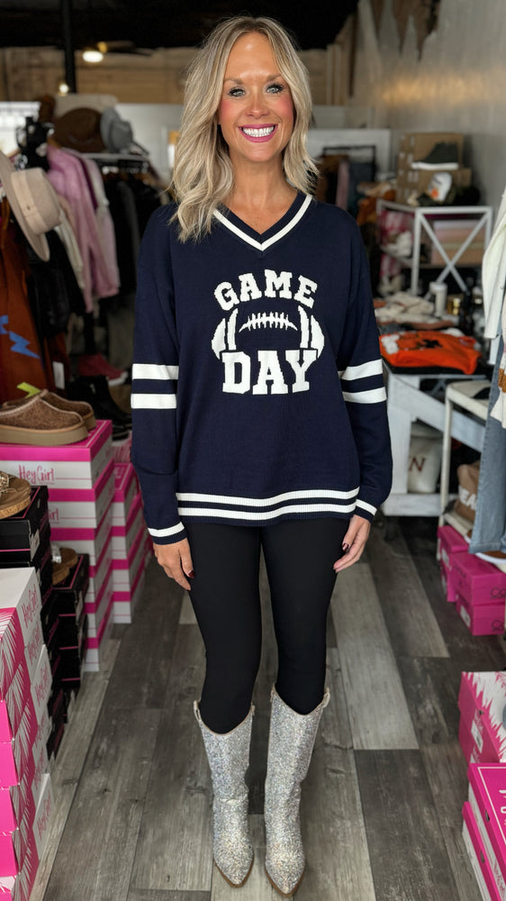 Game Day Long Sleeve V Neck Varsity Sweater Top