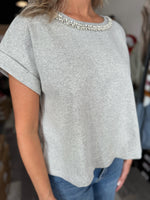 Grey Drop Short Sleeve Knit Top With Rhinestone