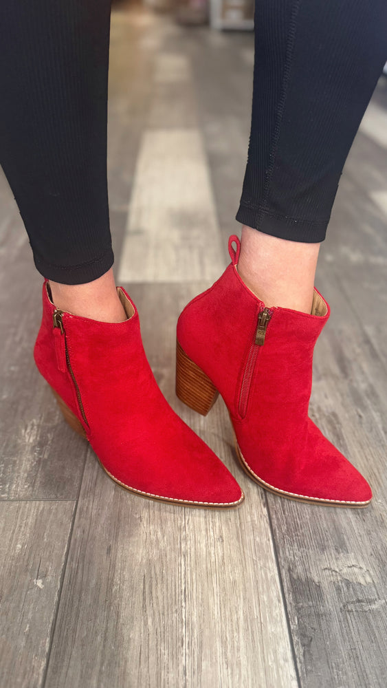 High Standards Dark Red Suede Booties by Corkys’