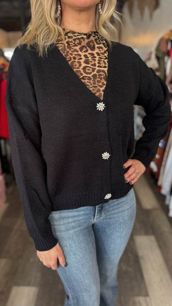 Black V-Neck Jeweled Button Cardigan