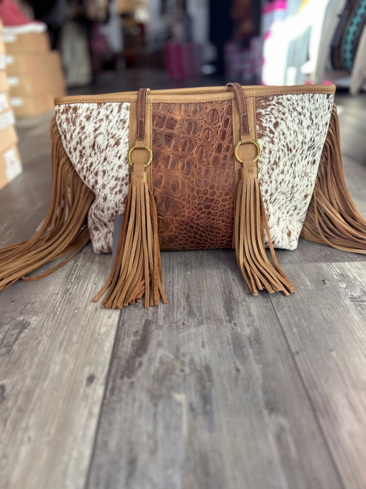 Brown & White Fringe Cowhide Purse