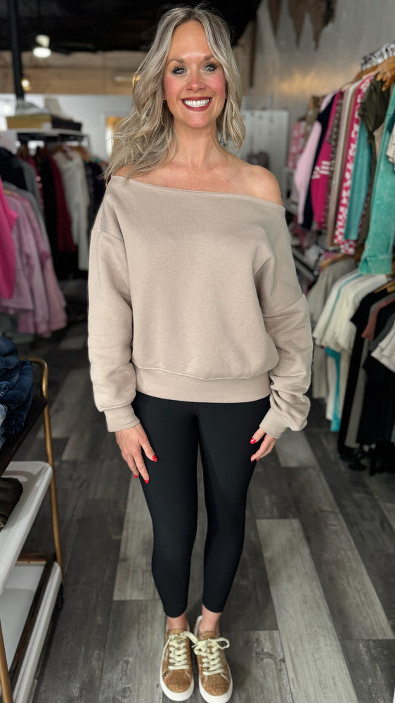 Best Selling French terry Off Shoulder Top in Taupe