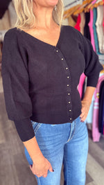Black Button Up V-Neck Sweater