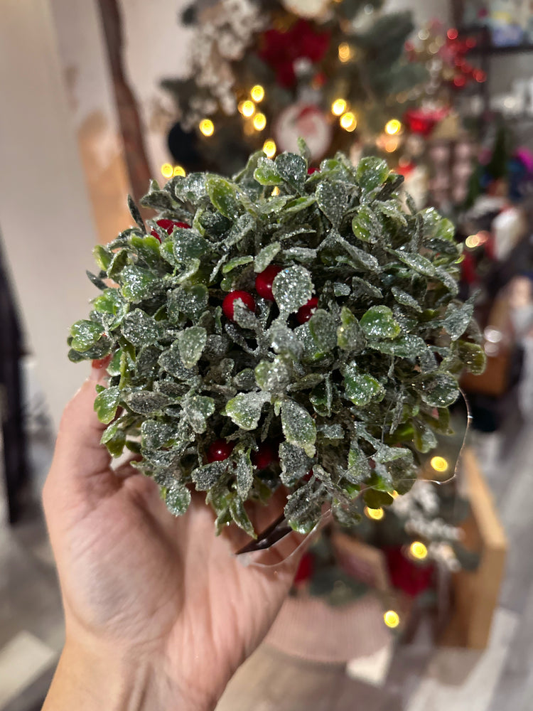 5” Glittered Mistletoe Orb w/ Red Berries