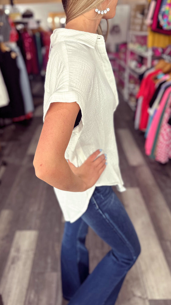 Ivory Button Up Cotton Short Sleeve Top