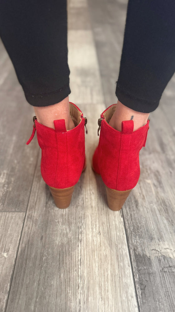 High Standards Dark Red Suede Booties by Corkys’