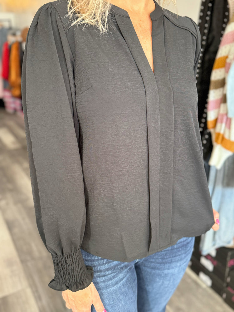 Black Smocked Longsleeve Blouse