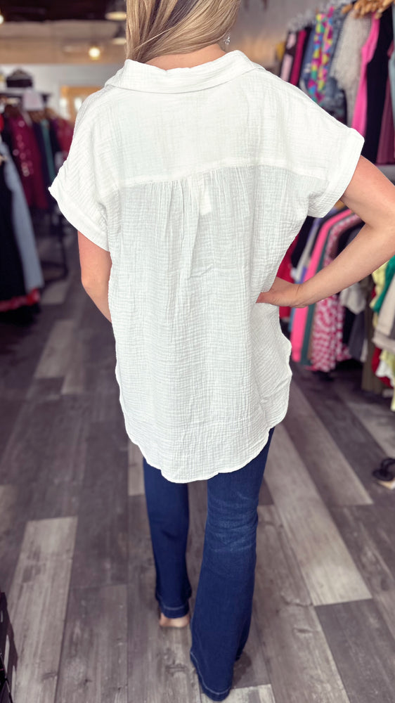 Ivory Button Up Cotton Short Sleeve Top