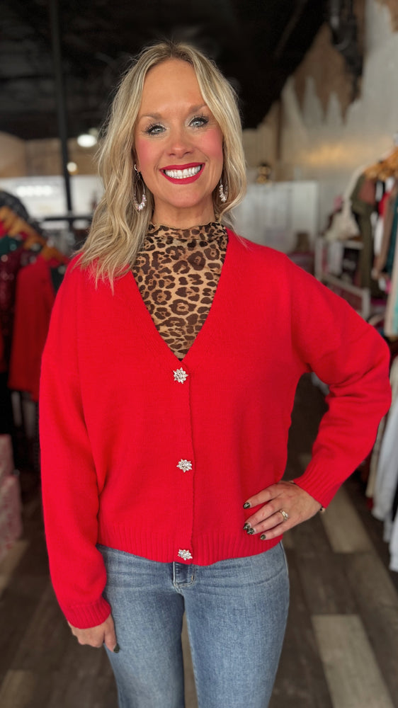 Red V-Neck Jeweled Button Cardigan